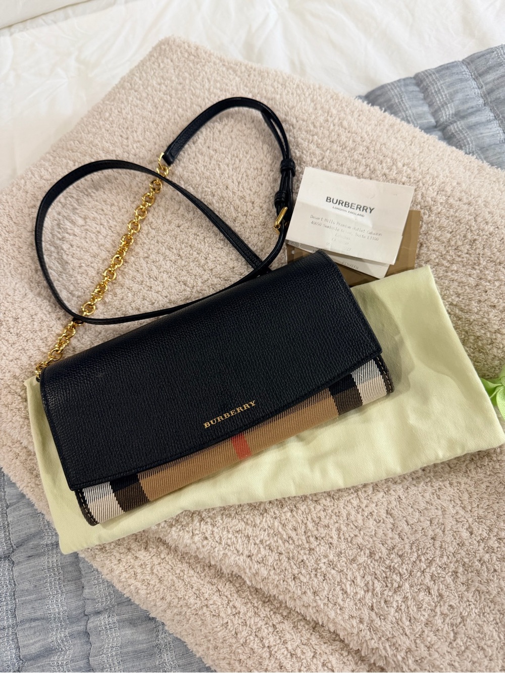 Burberry Black Leather Crossbody with Vintage Check and Gold Chain